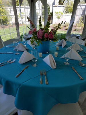 teal blue linen round table